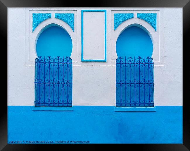 Decorative Blue and White Arch Wall with Iron fence, Morocco Framed Print by Maggie Bajada
