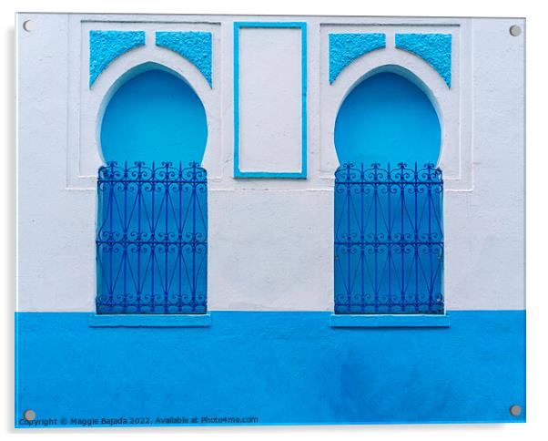 Decorative Blue and White Arch Wall with Iron fence, Morocco Acrylic by Maggie Bajada