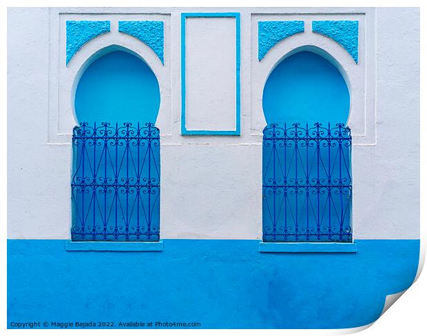 Decorative Blue and White Arch Wall with Iron fence, Morocco Print by Maggie Bajada