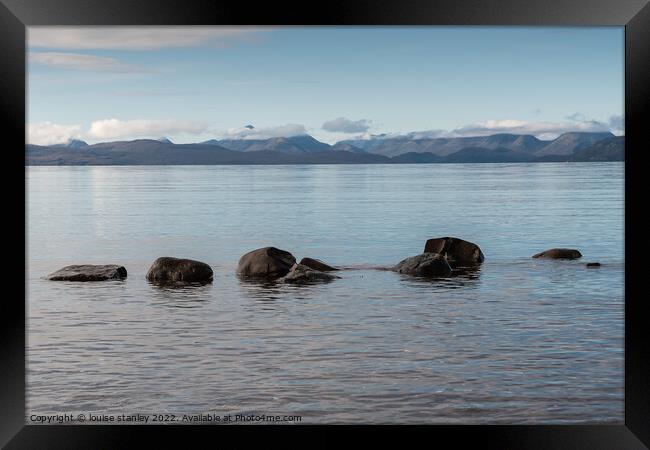 View from Applecross peninsular to Isle of Rassay and Isle of Skye Framed Print by louise stanley