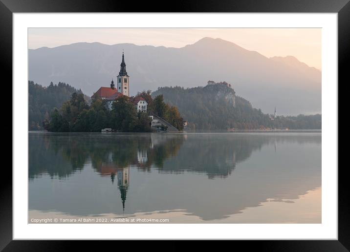 Lake Bled Church Framed Mounted Print by Tamara Al Bahri
