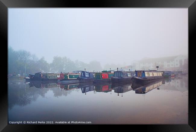 Foggy morning on the Leeds Liverpool canal Framed Print by Richard Perks