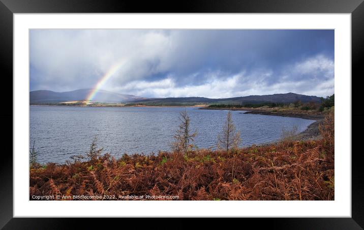 View with rainbow over clatteringshaws loch Framed Mounted Print by Ann Biddlecombe