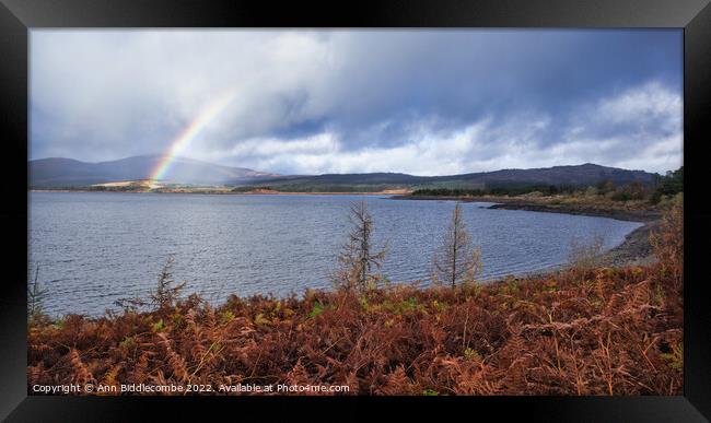 View with rainbow over clatteringshaws loch Framed Print by Ann Biddlecombe