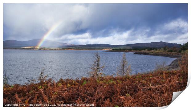 View with rainbow over clatteringshaws loch Print by Ann Biddlecombe