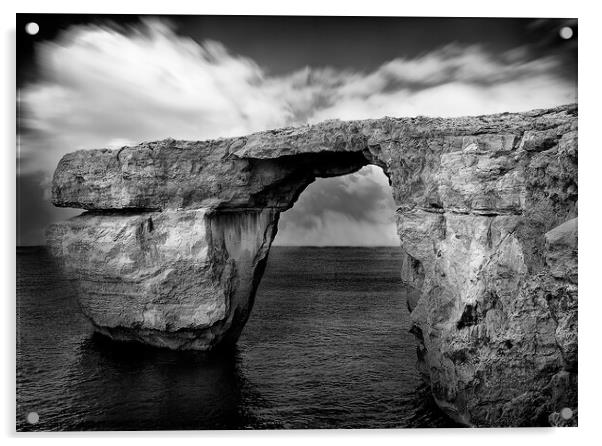 Monochrome - The Arch of Azure Window, Gozo, Malta. Acrylic by Maggie Bajada