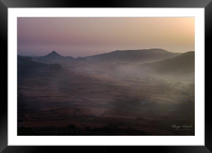 Early morning sunrise with mist all over the fields in Gozo, Malta.  Framed Mounted Print by Maggie Bajada