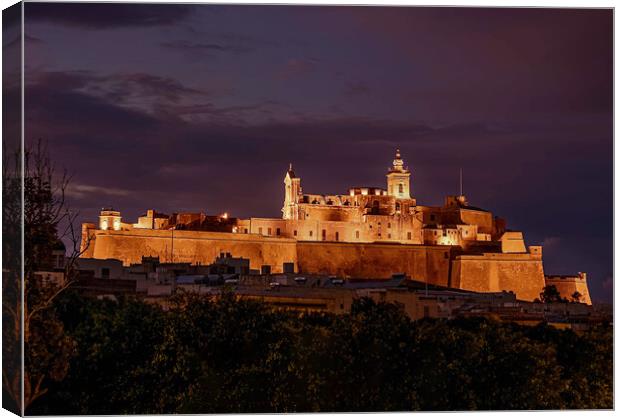 The Castle of Cittadella (known as Citadel) during Blue Hour, Gozo, Malta   Canvas Print by Maggie Bajada