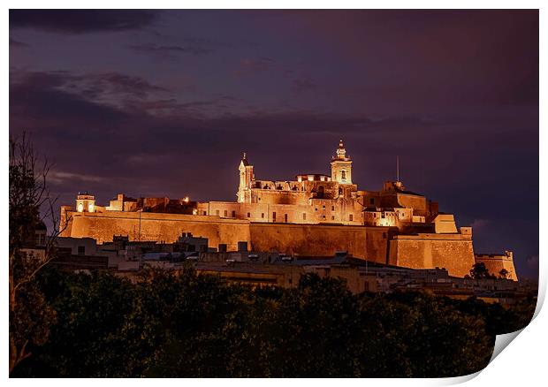 The Castle of Cittadella (known as Citadel) during Blue Hour, Gozo, Malta   Print by Maggie Bajada