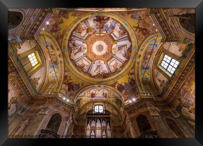 Colorful Ceiling of the Sanctuary of Our Lady of the Rock, Piedmont, Italy. Framed Print by Maggie Bajada