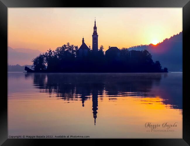 Golden Hour and Reflection of Lake Bled in Slovenia. Framed Print by Maggie Bajada