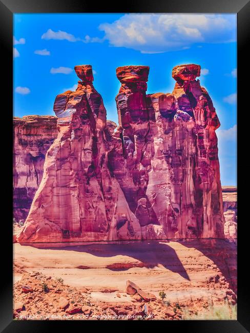 Three Gossips Rock Formation Arches National Park Moab Utah  Framed Print by William Perry