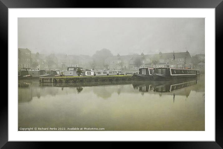 Canal barges in the Autumn mists Framed Mounted Print by Richard Perks