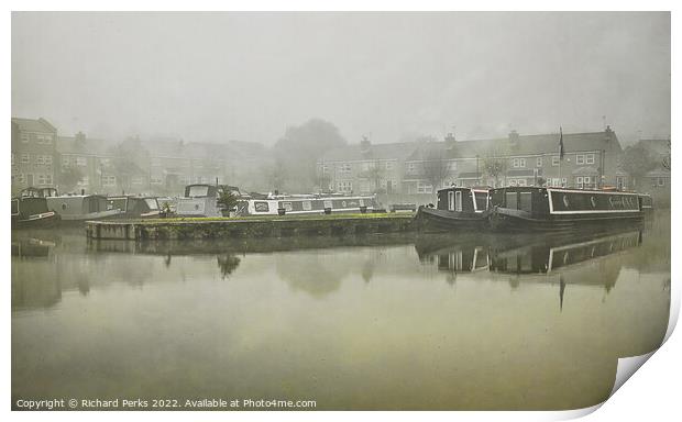 Canal barges in the Autumn mists Print by Richard Perks