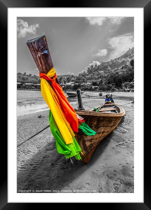 Long tail boat with colourful prow ribbons on Nai Yang Beach, Ph Framed Mounted Print by Kevin Hellon