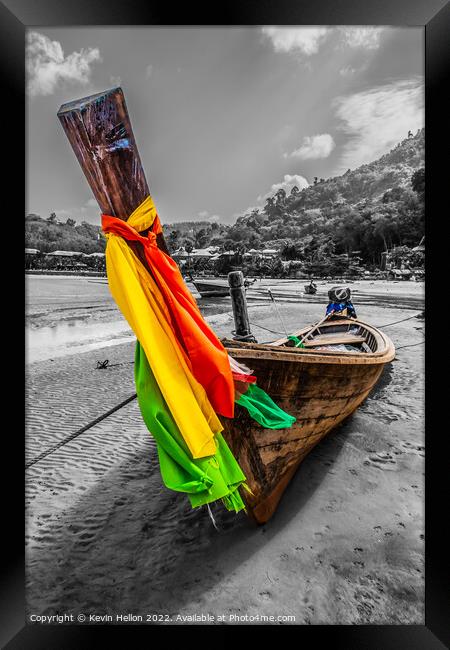 Long tail boat with colourful prow ribbons on Nai Yang Beach, Ph Framed Print by Kevin Hellon