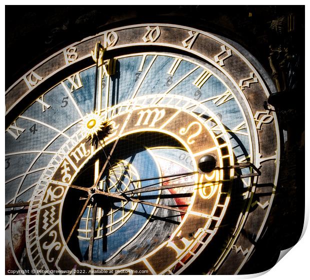 Mechanical Astronomical Clock In The Old Town Of Prague Print by Peter Greenway