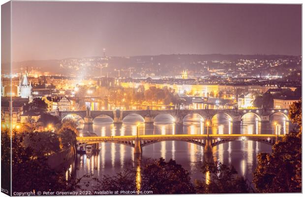 The City Lights Of Prague & The River Vltava From Letna Park Hil Canvas Print by Peter Greenway