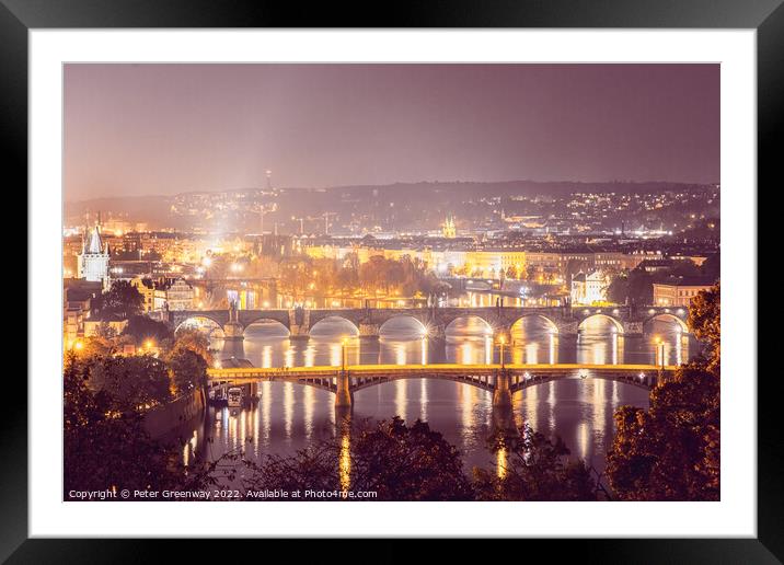 The City Lights Of Prague & The River Vltava From Letna Park Hil Framed Mounted Print by Peter Greenway