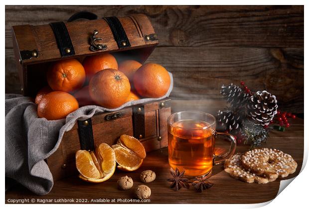Hot tea and oranges in a wooden chest Print by Ragnar Lothbrok