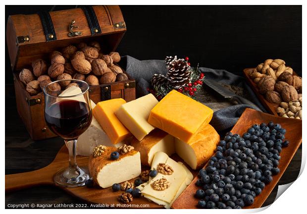 Variety of cheese on a wooden board Print by Ragnar Lothbrok