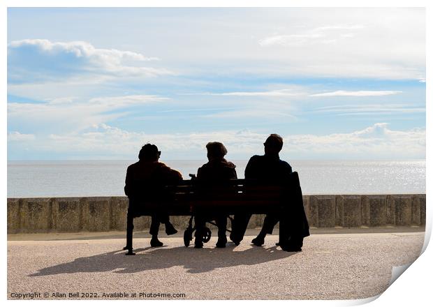 Three peoplepeople sitting on a bench looking out  Print by Allan Bell