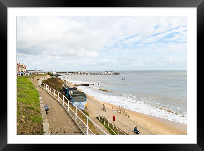 Southwold seafront view of beach huts and pier  Framed Mounted Print by Allan Bell