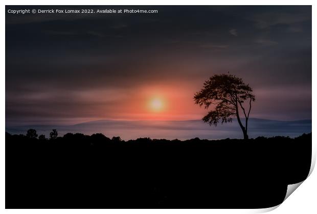 Sunset over a foggy birtle in lancashire Print by Derrick Fox Lomax