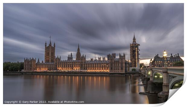 Houses of Parliament at dusk Print by Gary Parker