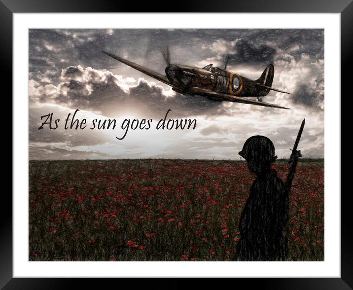 Spitfire over a poppy field,As the sun goes down Framed Mounted Print by kathy white