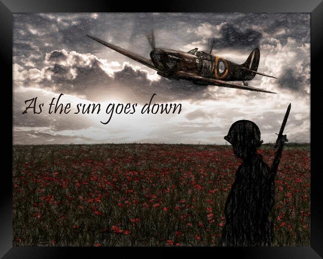 Spitfire over a poppy field,As the sun goes down Framed Print by kathy white