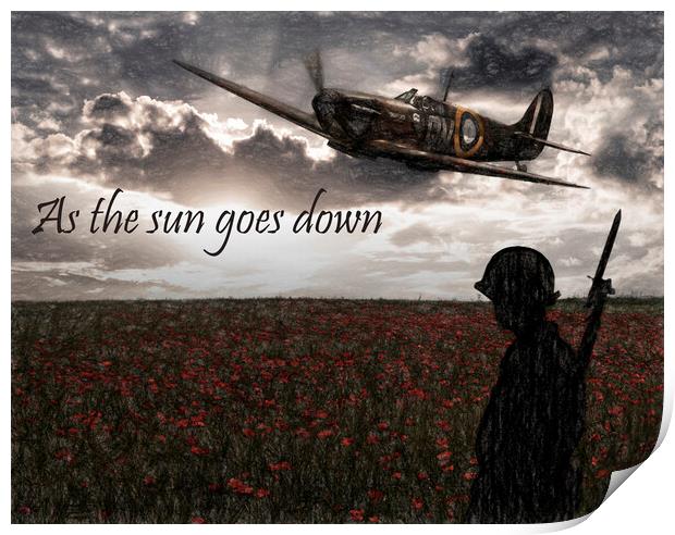 Spitfire over a poppy field,As the sun goes down Print by kathy white
