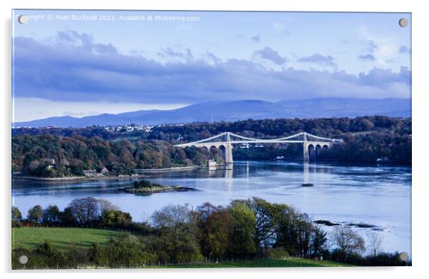 Menai Suspension Bridge Over the Strait Anglesey Acrylic by Pearl Bucknall