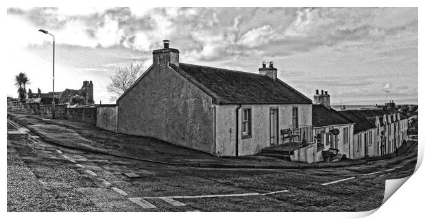 Dunure harbour cottages and castle (Abstract b/w) Print by Allan Durward Photography