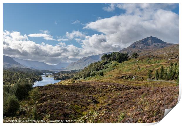 Loch Affric and Kintail mountains beyond from Am Meallan Viewpoint Glen Affric Print by louise stanley