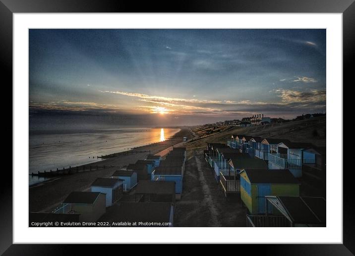 Tankerton Beach huts at dawn Framed Mounted Print by Evolution Drone