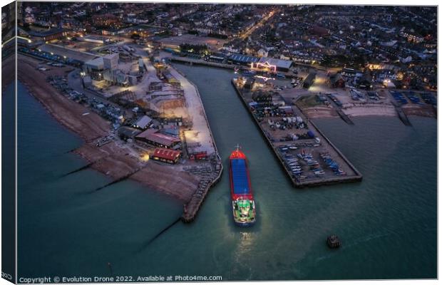 Bulk carrier enters Whitstable Harbour Canvas Print by Evolution Drone