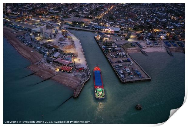 Bulk carrier enters Whitstable Harbour Print by Evolution Drone