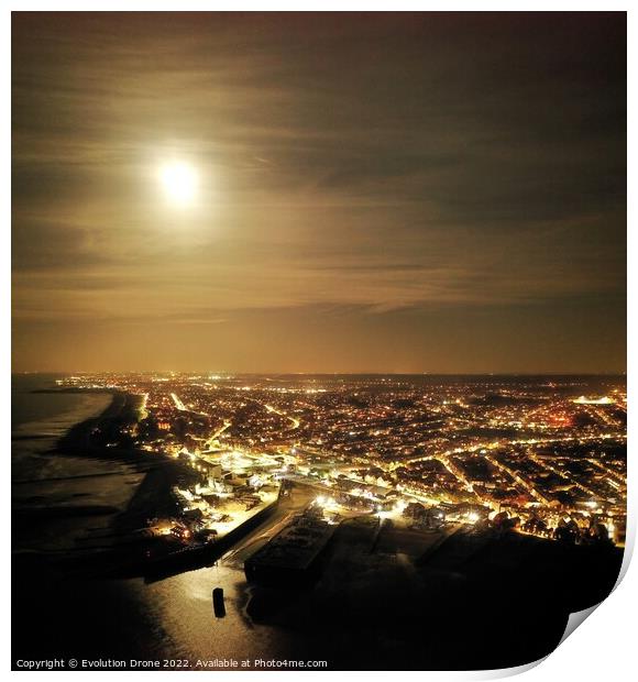 Full Moon over Whitstable Harbour Print by Evolution Drone