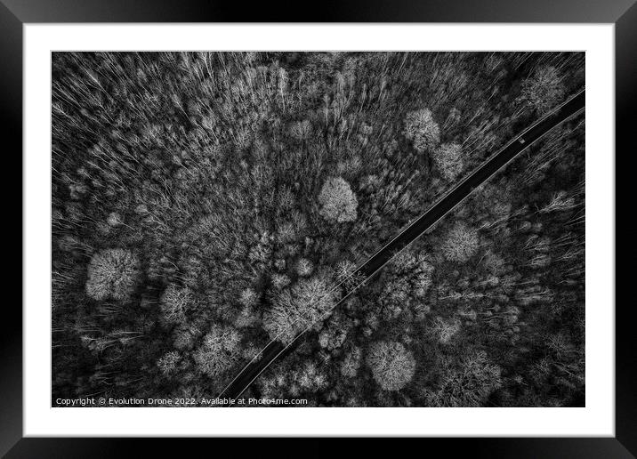 Winter road though trees Framed Mounted Print by Evolution Drone