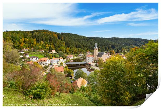 Small ancient town and medieval castle Rozmberk nad Vltavou, Czech Republic. Print by Sergey Fedoskin