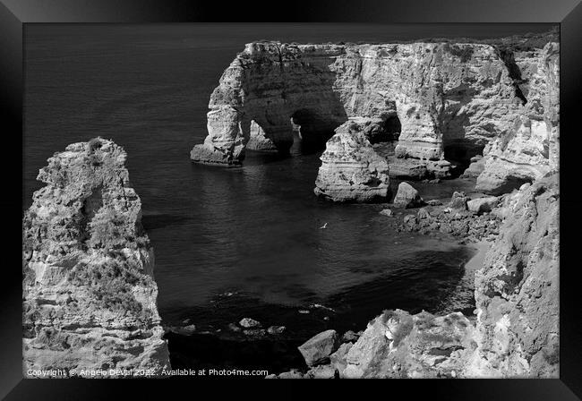Marinha Beach Cliffs and Sea on Monochrome Framed Print by Angelo DeVal