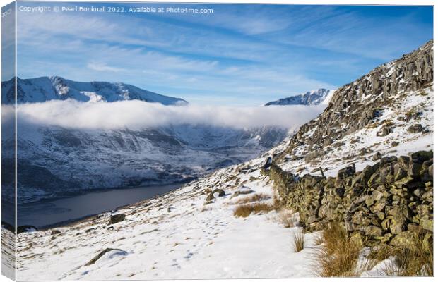 Winter Landscape in Ogwen Valley Snowdonia Canvas Print by Pearl Bucknall