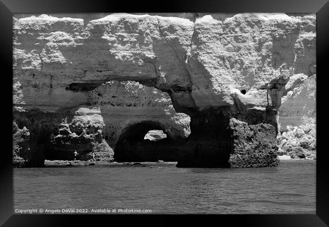 Marinha Beach Rocky Arches in Monochrome Framed Print by Angelo DeVal