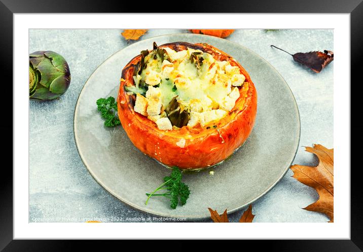 Half pumpkin stuffed with cheese and vegetables. Framed Mounted Print by Mykola Lunov Mykola