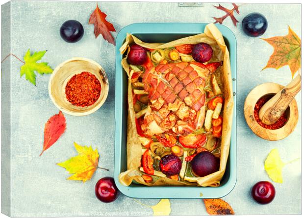 Pork shoulder baked with vegetables and plums. Canvas Print by Mykola Lunov Mykola