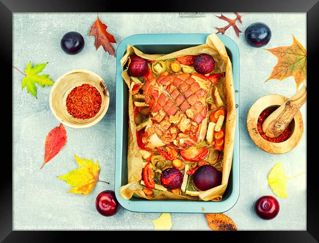 Pork shoulder baked with vegetables and plums. Framed Print by Mykola Lunov Mykola