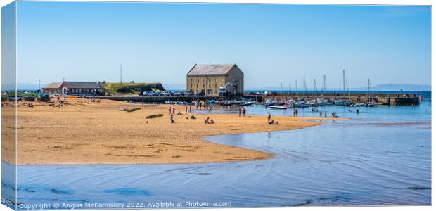 Panoramic view across beach to Elie harbour Canvas Print by Angus McComiskey