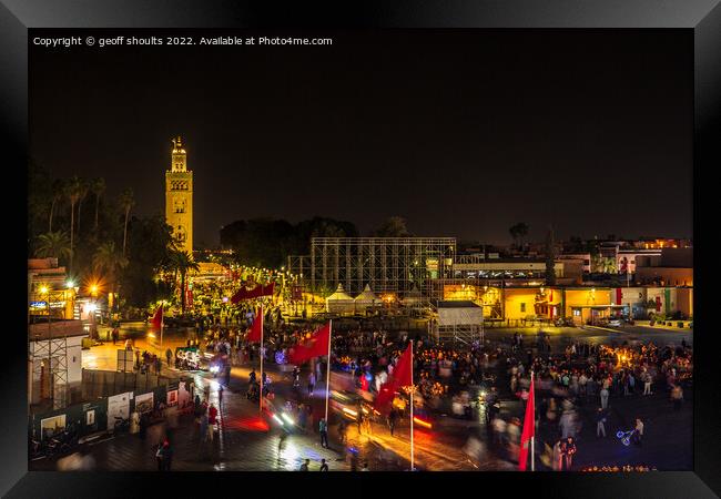 Jemaa el-Fnaa and the Koutoubia Mosque Framed Print by geoff shoults