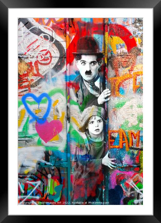 Charlie Chaplin and the Kid street art Framed Mounted Print by Delphimages Art